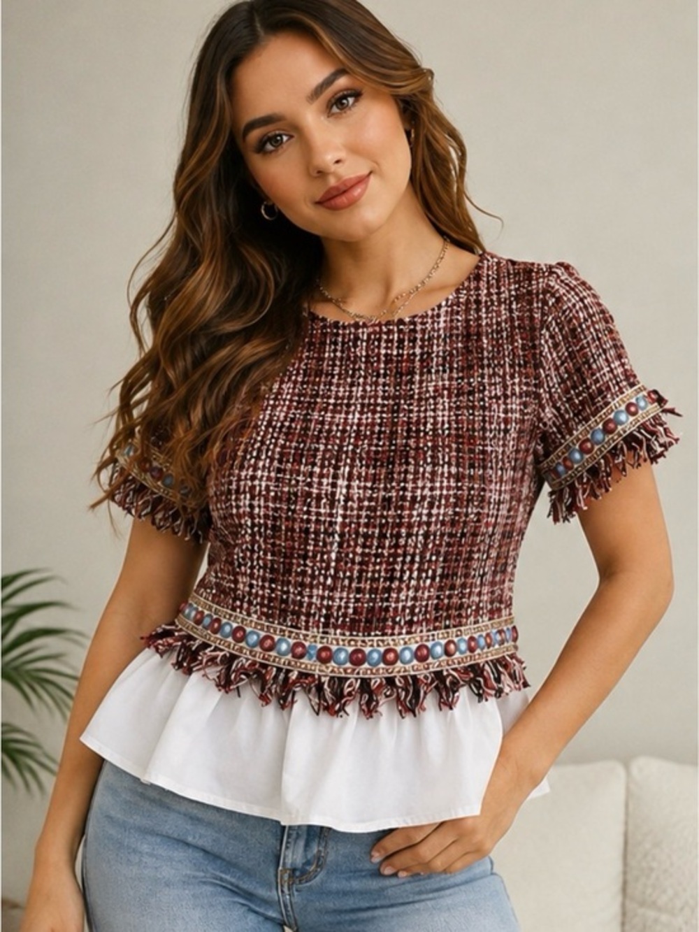 SHEIN Tweed Fringe Peplum Top Size Small Burgundy White Embellished